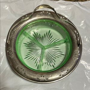 Elegant Silver and Green Uranium Glass Four Leaf Clover Serving Tray (Rare!)